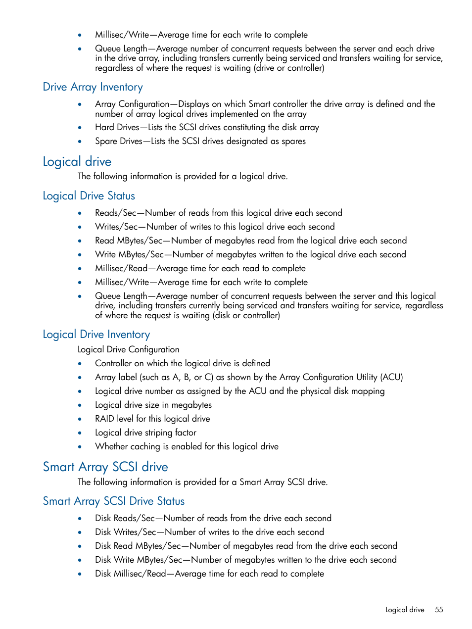 Drive array inventory, Logical drive, Logical drive status | Logical drive inventory, Smart array scsi drive, Smart array scsi drive status, Logical drive status logical drive inventory | HP Insight Control User Manual | Page 55 / 76