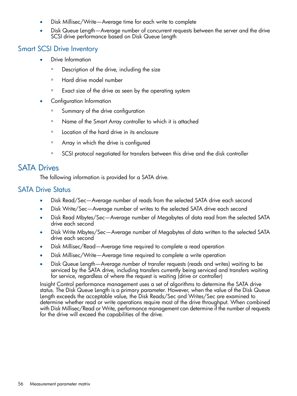 Smart scsi drive inventory, Sata drives, Sata drive status | HP Insight Control User Manual | Page 56 / 76