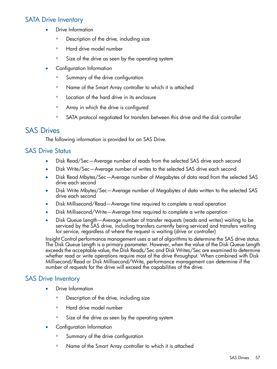 Sata drive inventory, Sas drives, Sas drive status | Sas drive inventory, Sas drive status sas drive inventory | HP Insight Control User Manual | Page 57 / 76