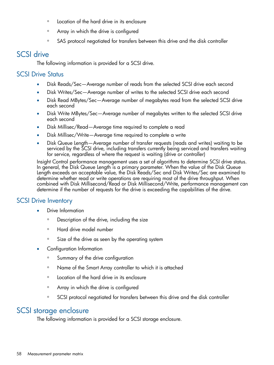 Scsi drive, Scsi drive status, Scsi drive inventory | Scsi storage enclosure, Scsi drive status scsi drive inventory | HP Insight Control User Manual | Page 58 / 76