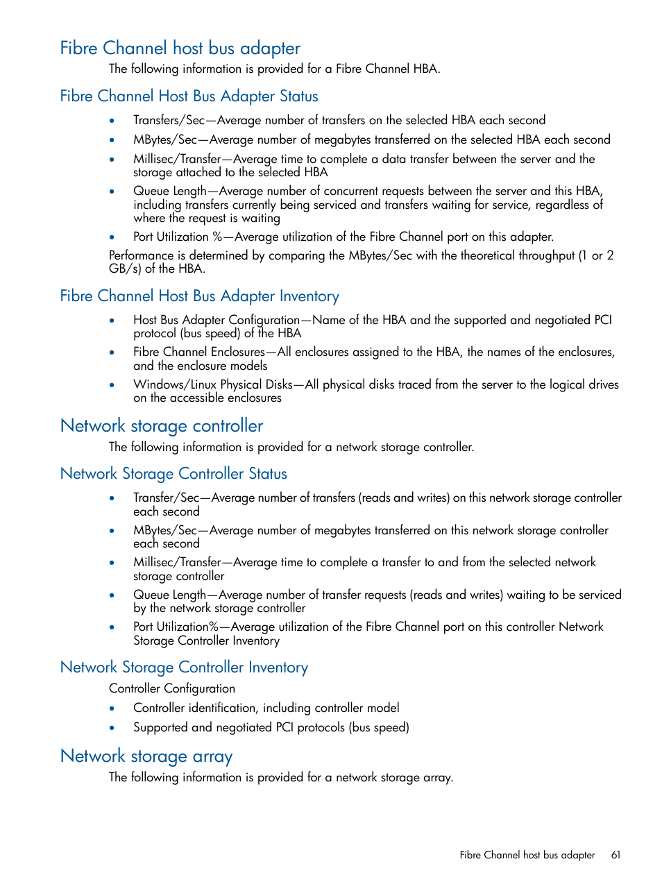 Fibre channel host bus adapter, Fibre channel host bus adapter status, Fibre channel host bus adapter inventory | Network storage controller, Network storage controller status, Network storage controller inventory, Network storage array | HP Insight Control User Manual | Page 61 / 76