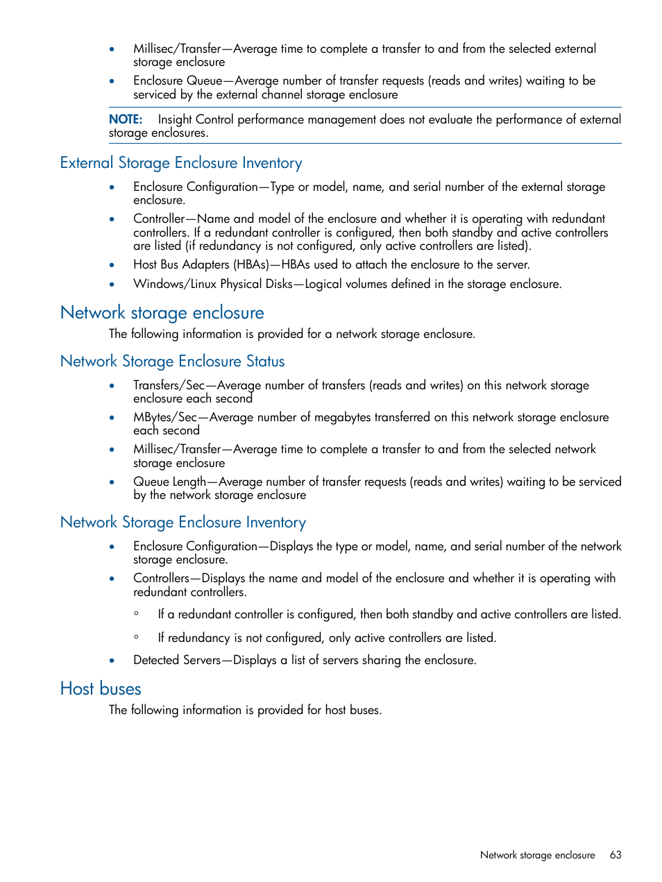 External storage enclosure inventory, Network storage enclosure, Network storage enclosure status | Network storage enclosure inventory, Host buses | HP Insight Control User Manual | Page 63 / 76