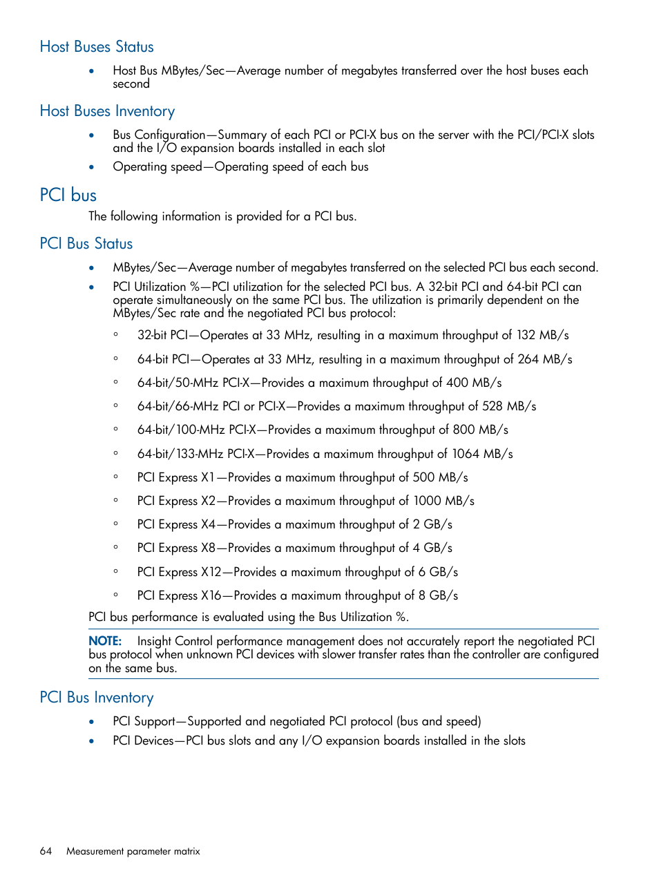Host buses status, Host buses inventory, Pci bus | Pci bus status, Pci bus inventory, Host buses status host buses inventory, Pci bus status pci bus inventory | HP Insight Control User Manual | Page 64 / 76