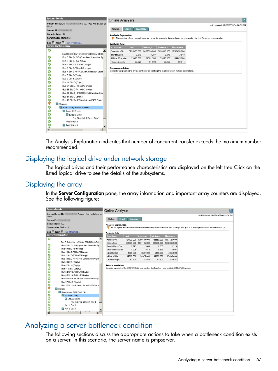 Displaying the logical drive under network storage, Displaying the array, Analyzing a server bottleneck condition | HP Insight Control User Manual | Page 67 / 76
