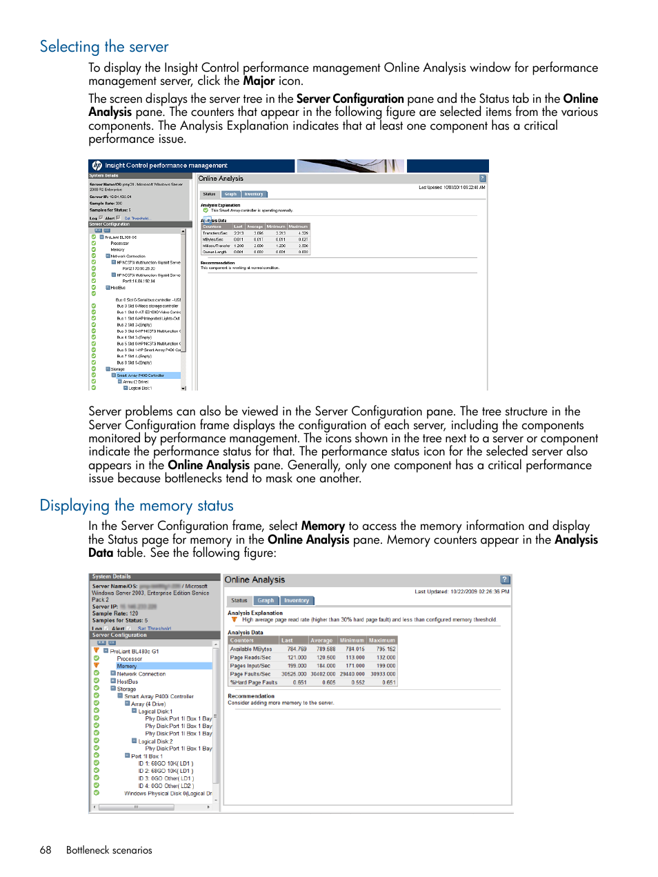 Selecting the server, Displaying the memory status, Selecting the server displaying the memory status | HP Insight Control User Manual | Page 68 / 76