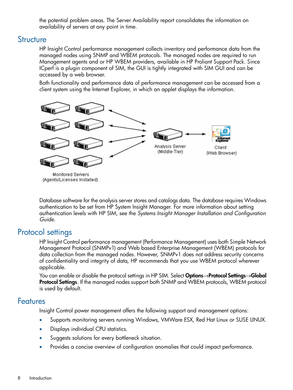 Structure, Protocol settings, Features | Structure protocol settings features | HP Insight Control User Manual | Page 8 / 76