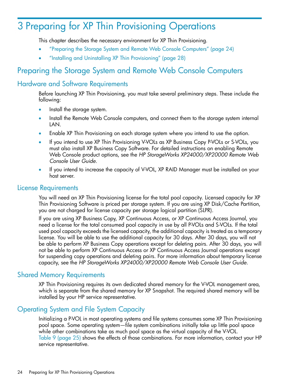 3 preparing for xp thin provisioning operations, Hardware and software requirements, License requirements | Shared memory requirements, Operating system and file system capacity | HP StorageWorks XP Remote Web Console Software User Manual | Page 24 / 92