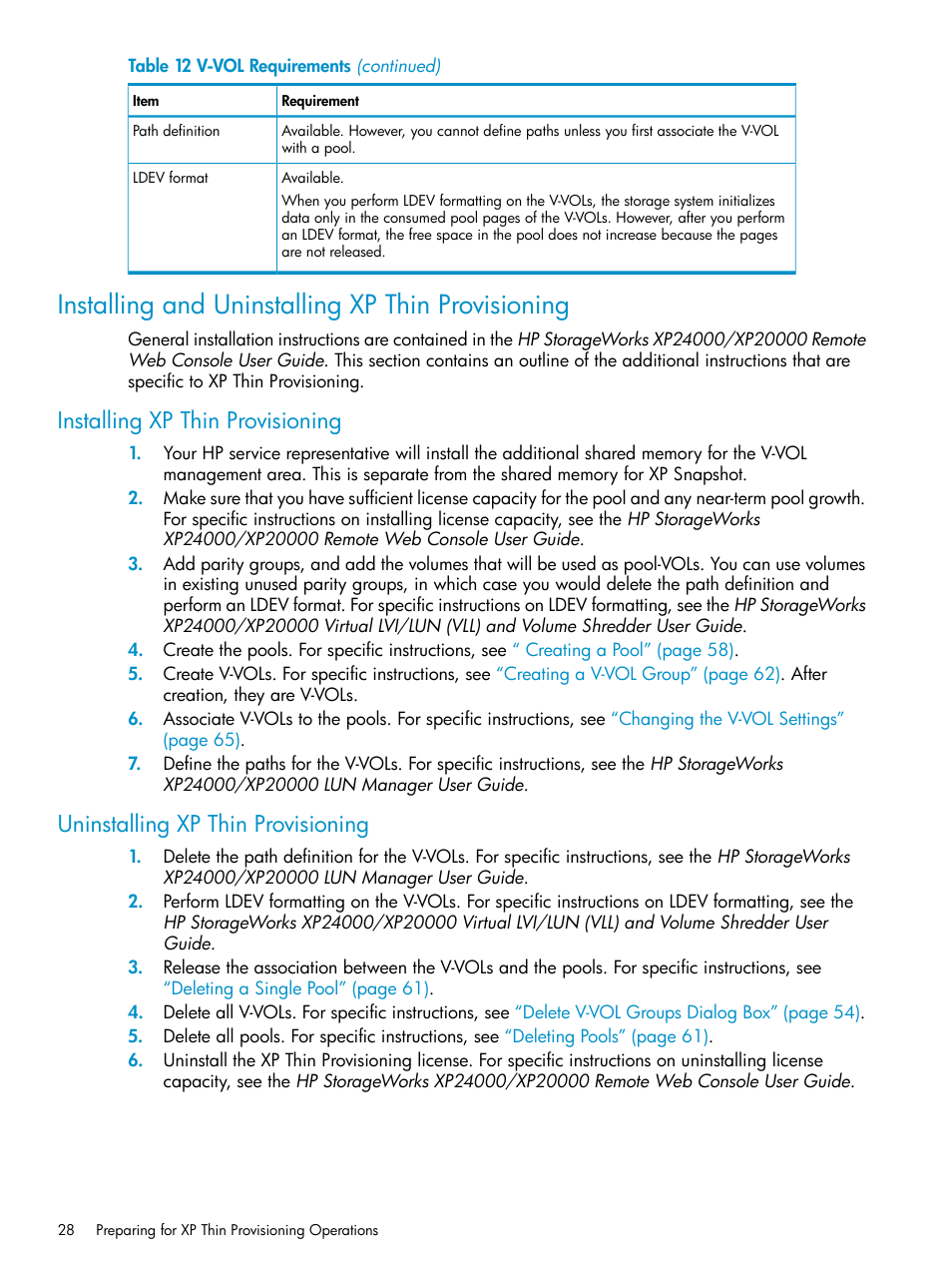 Installing and uninstalling xp thin provisioning, Installing xp thin provisioning, Uninstalling xp thin provisioning | HP StorageWorks XP Remote Web Console Software User Manual | Page 28 / 92