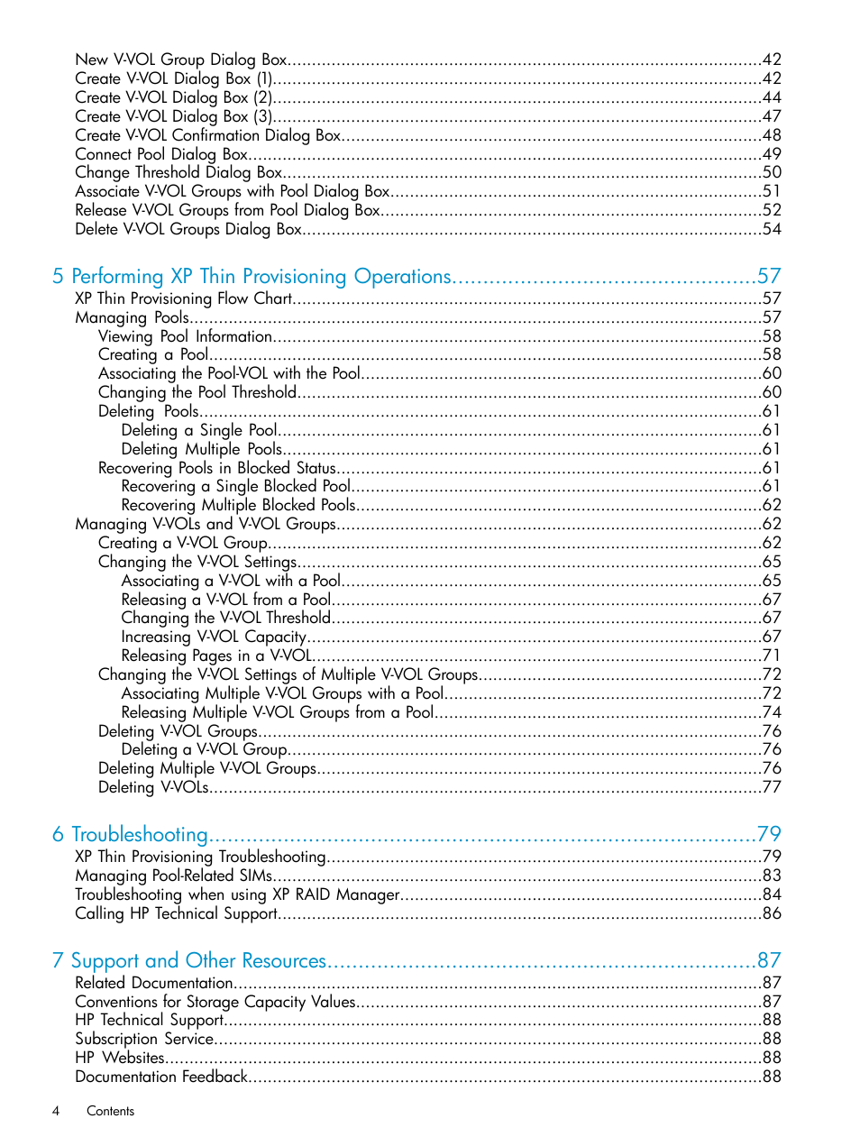 5 performing xp thin provisioning operations, 6 troubleshooting, 7 support and other resources | HP StorageWorks XP Remote Web Console Software User Manual | Page 4 / 92