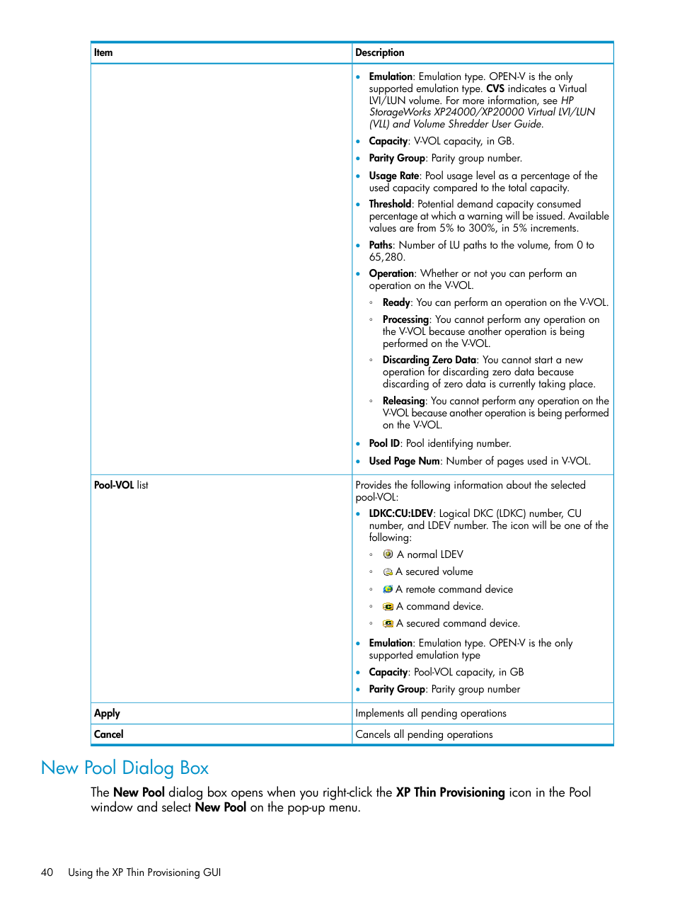 New pool dialog box | HP StorageWorks XP Remote Web Console Software User Manual | Page 40 / 92