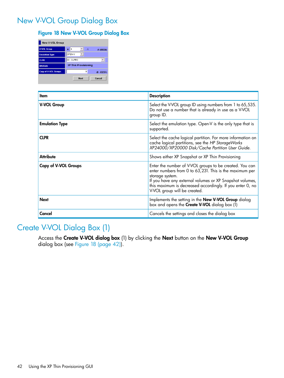 New v-vol group dialog box, Create v-vol dialog box (1) | HP StorageWorks XP Remote Web Console Software User Manual | Page 42 / 92