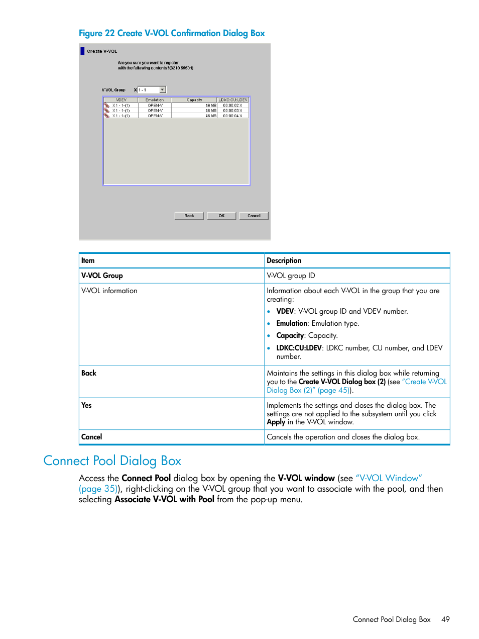 Connect pool dialog box, Create v-vol | HP StorageWorks XP Remote Web Console Software User Manual | Page 49 / 92