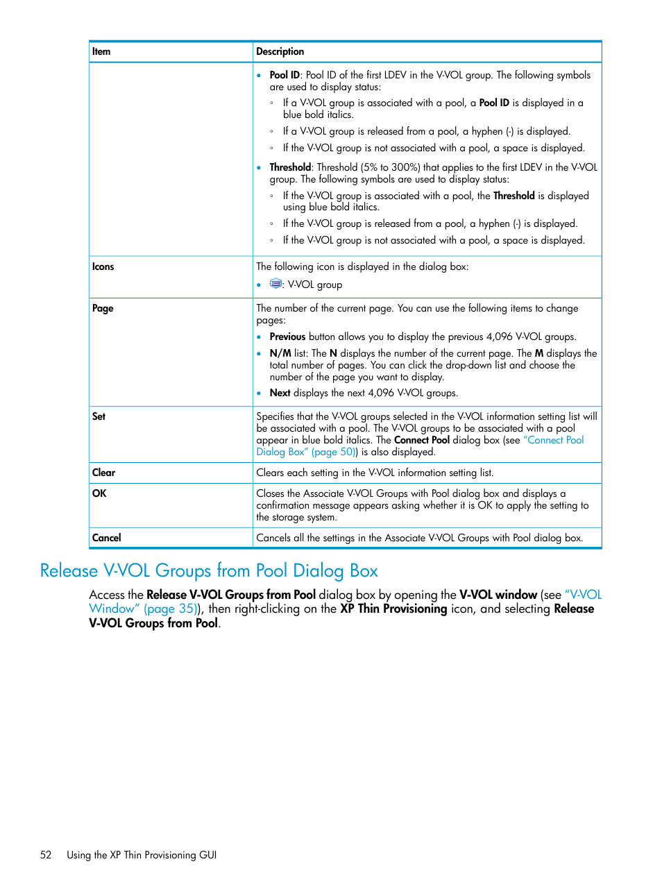 Release v-vol groups from pool dialog box | HP StorageWorks XP Remote Web Console Software User Manual | Page 52 / 92