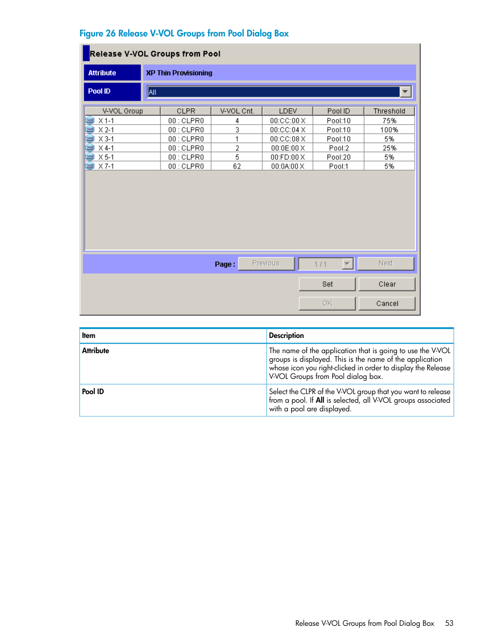 Release v-vol groups from pool dialog box | HP StorageWorks XP Remote Web Console Software User Manual | Page 53 / 92