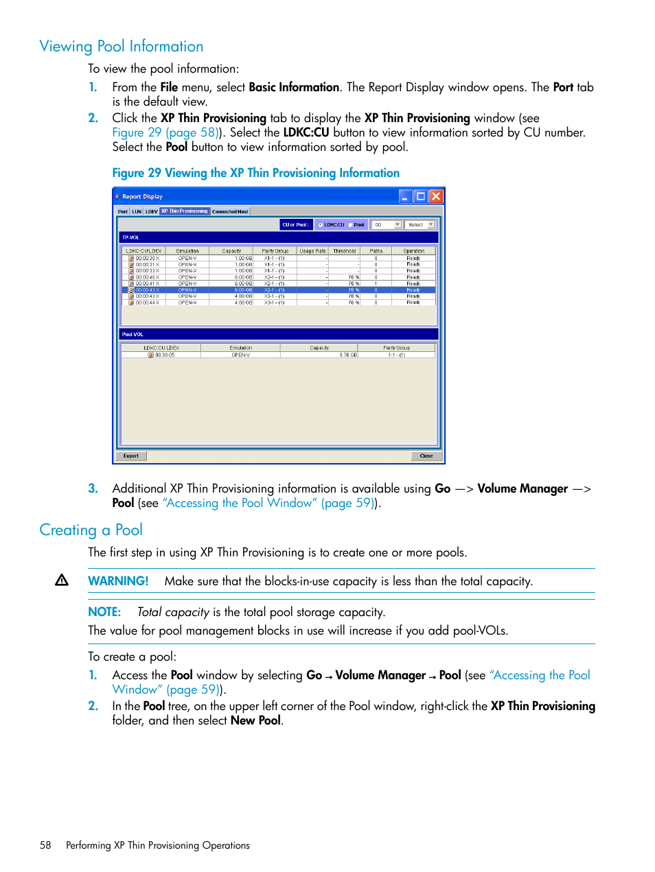 Viewing pool information, Creating a pool, Viewing pool information creating a pool | HP StorageWorks XP Remote Web Console Software User Manual | Page 58 / 92