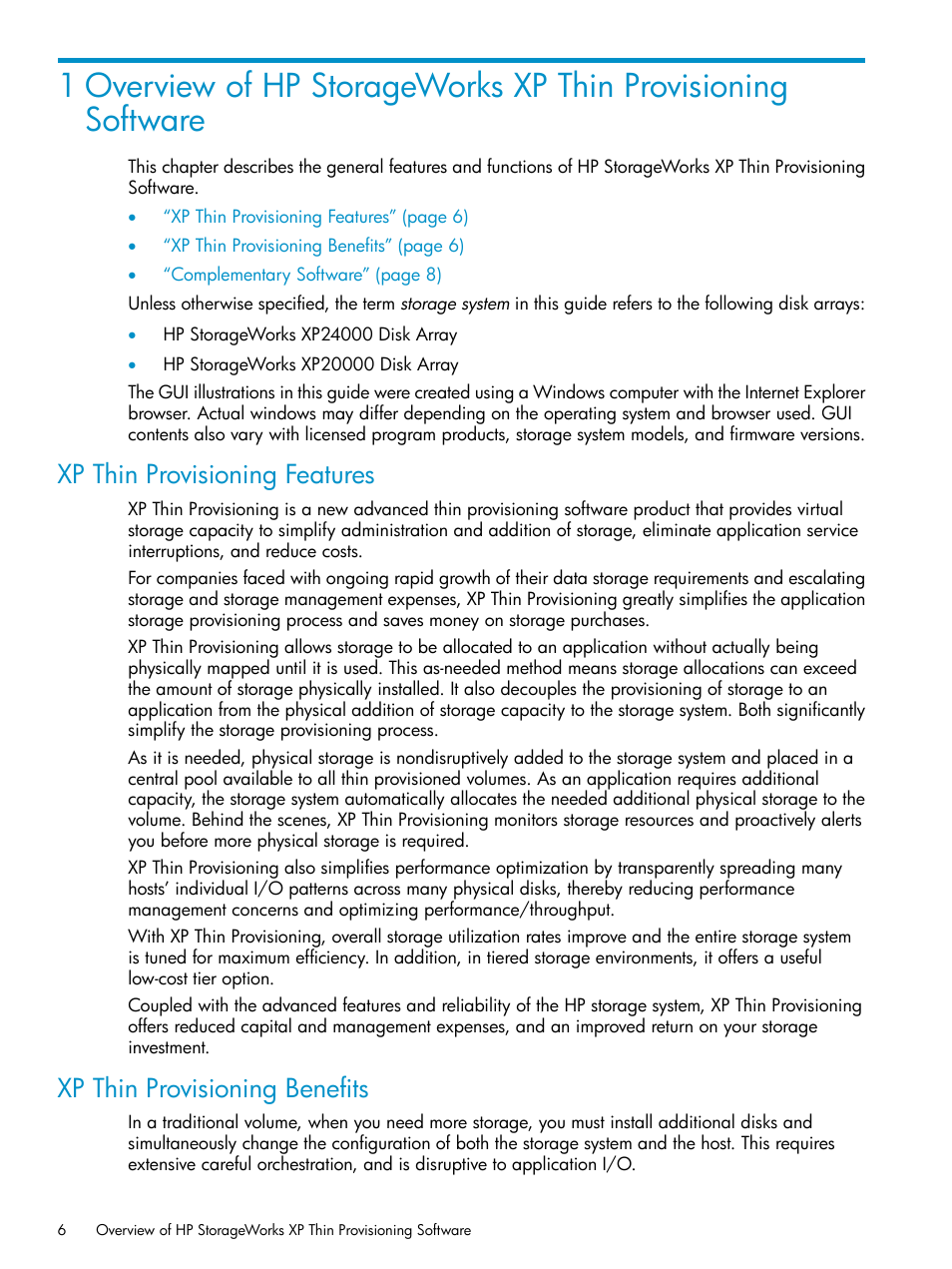 Xp thin provisioning features, Xp thin provisioning benefits | HP StorageWorks XP Remote Web Console Software User Manual | Page 6 / 92
