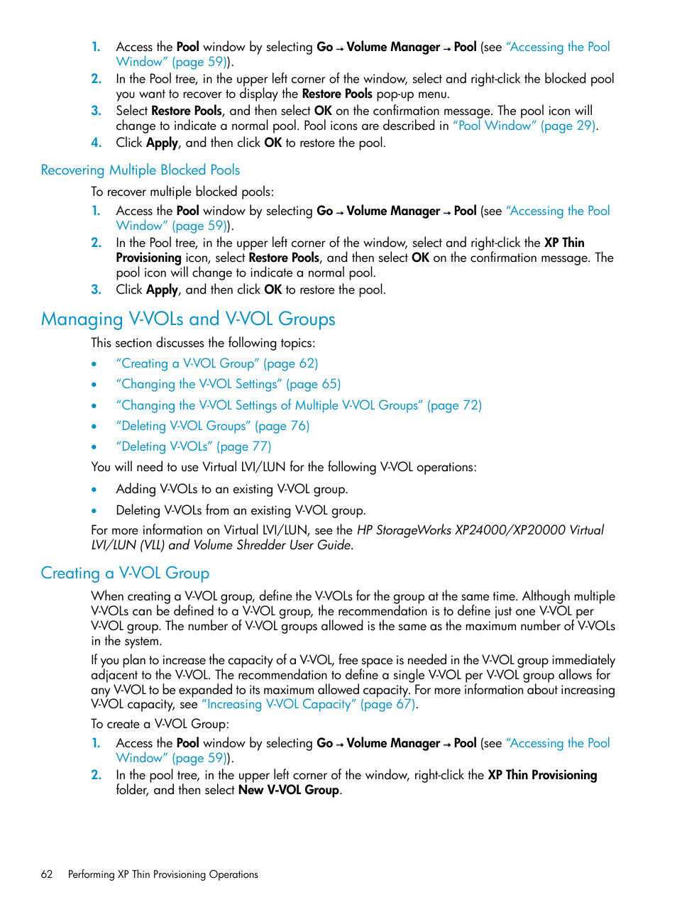 Recovering multiple blocked pools, Managing v-vols and v-vol groups, Creating a v-vol group | HP StorageWorks XP Remote Web Console Software User Manual | Page 62 / 92