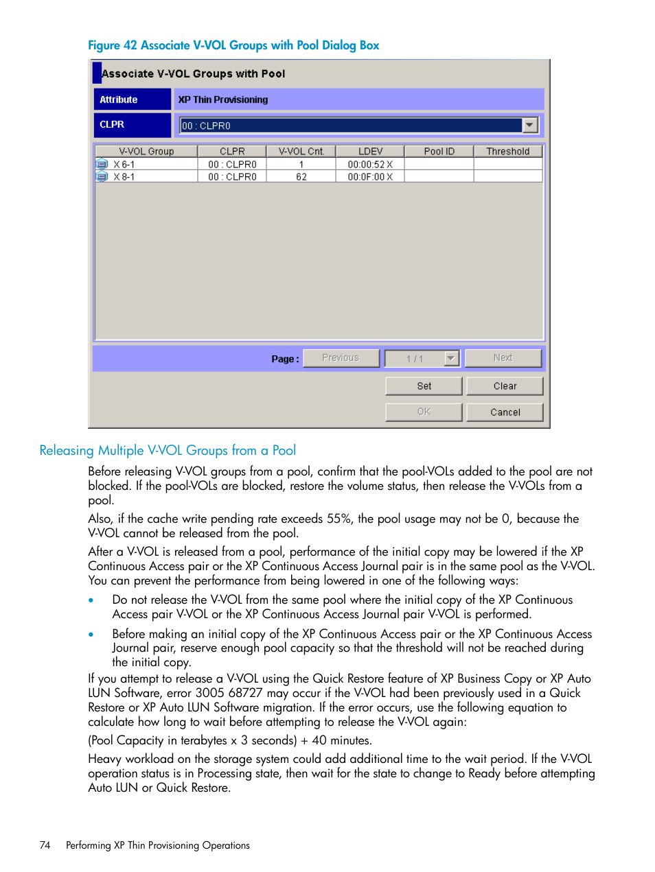 Releasing multiple v-vol groups from a pool | HP StorageWorks XP Remote Web Console Software User Manual | Page 74 / 92