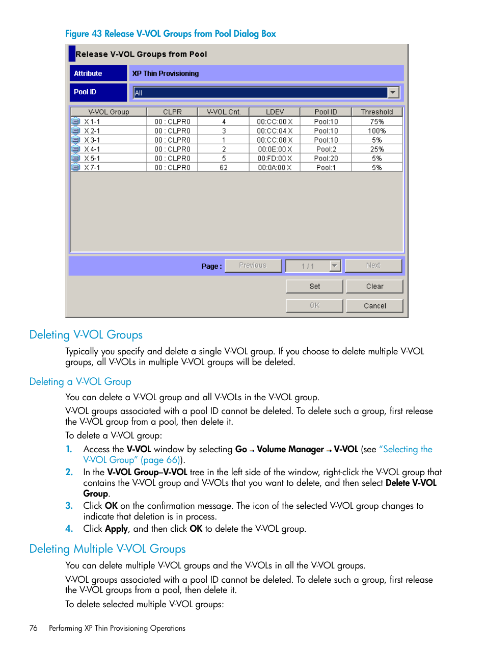 Deleting v-vol groups, Deleting a v-vol group, Deleting multiple v-vol groups | HP StorageWorks XP Remote Web Console Software User Manual | Page 76 / 92