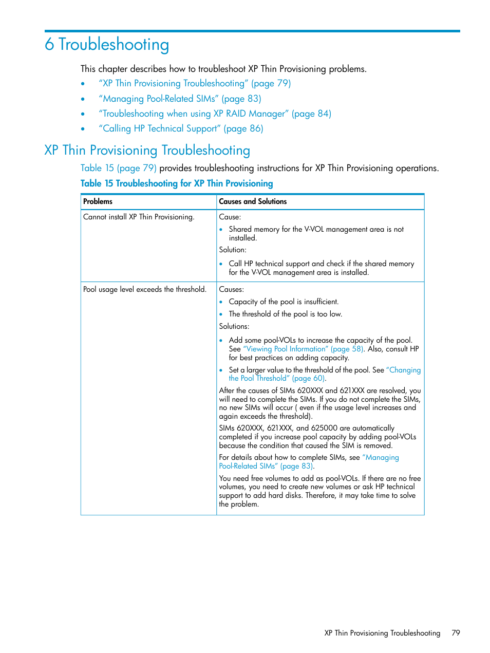 6 troubleshooting, Xp thin provisioning troubleshooting | HP StorageWorks XP Remote Web Console Software User Manual | Page 79 / 92