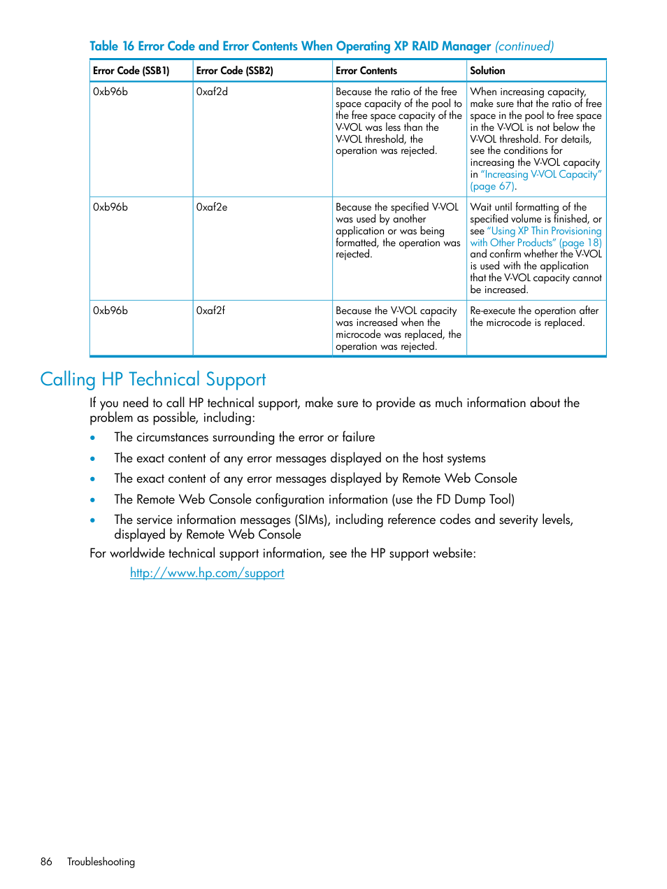 Calling hp technical support | HP StorageWorks XP Remote Web Console Software User Manual | Page 86 / 92