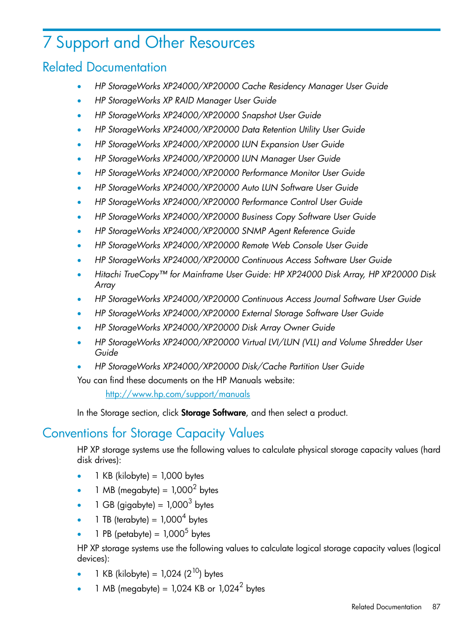 7 support and other resources, Related documentation, Conventions for storage capacity values | HP StorageWorks XP Remote Web Console Software User Manual | Page 87 / 92