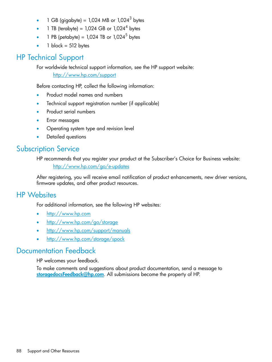 Hp technical support, Subscription service, Hp websites | Documentation feedback | HP StorageWorks XP Remote Web Console Software User Manual | Page 88 / 92