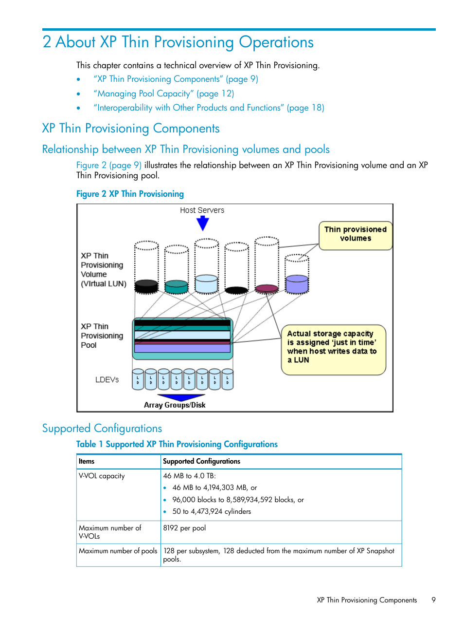 2 about xp thin provisioning operations, Xp thin provisioning components, Supported configurations | HP StorageWorks XP Remote Web Console Software User Manual | Page 9 / 92