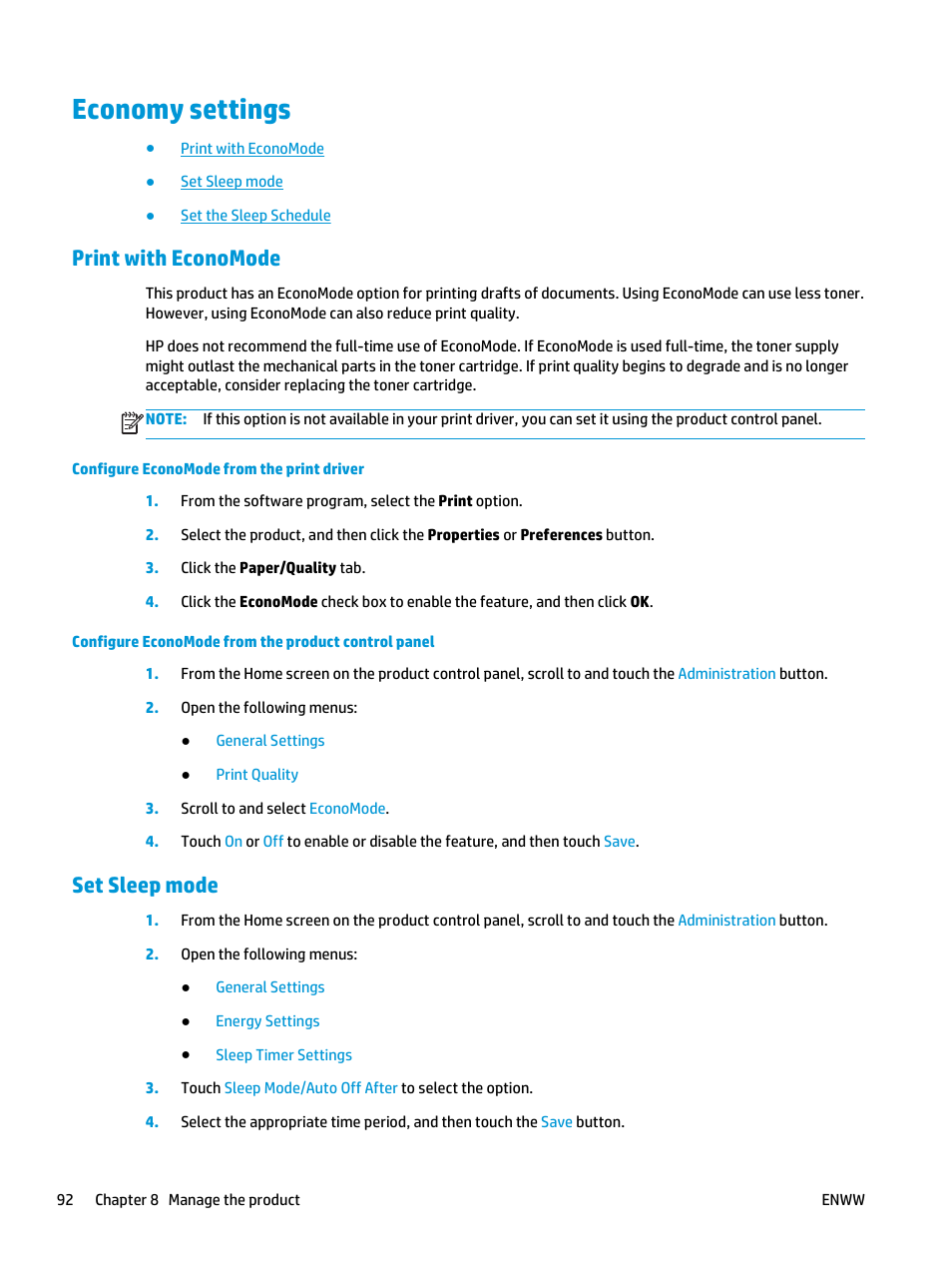 Economy settings, Print with economode, Set sleep mode | Print with economode set sleep mode | HP LaserJet Enterprise flow M830 Multifunction Printer series User Manual | Page 102 / 200