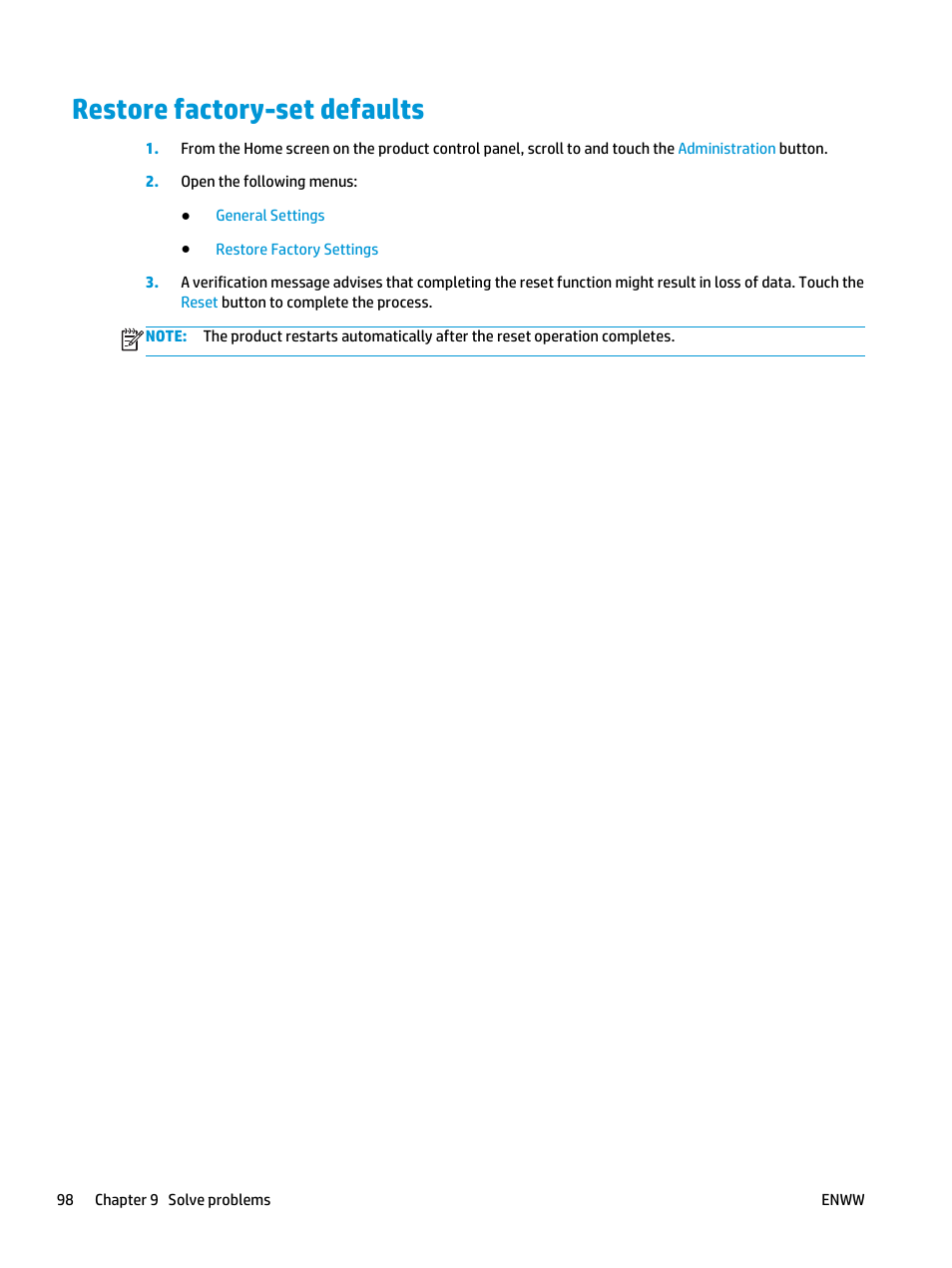 Restore factory-set defaults | HP LaserJet Enterprise flow M830 Multifunction Printer series User Manual | Page 108 / 200