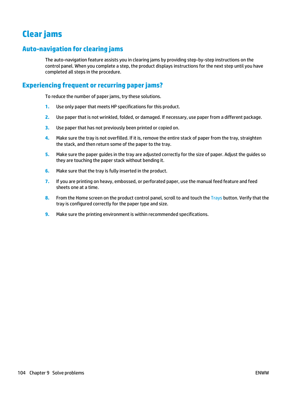 Clear jams, Auto-navigation for clearing jams, Experiencing frequent or recurring paper jams | HP LaserJet Enterprise flow M830 Multifunction Printer series User Manual | Page 114 / 200