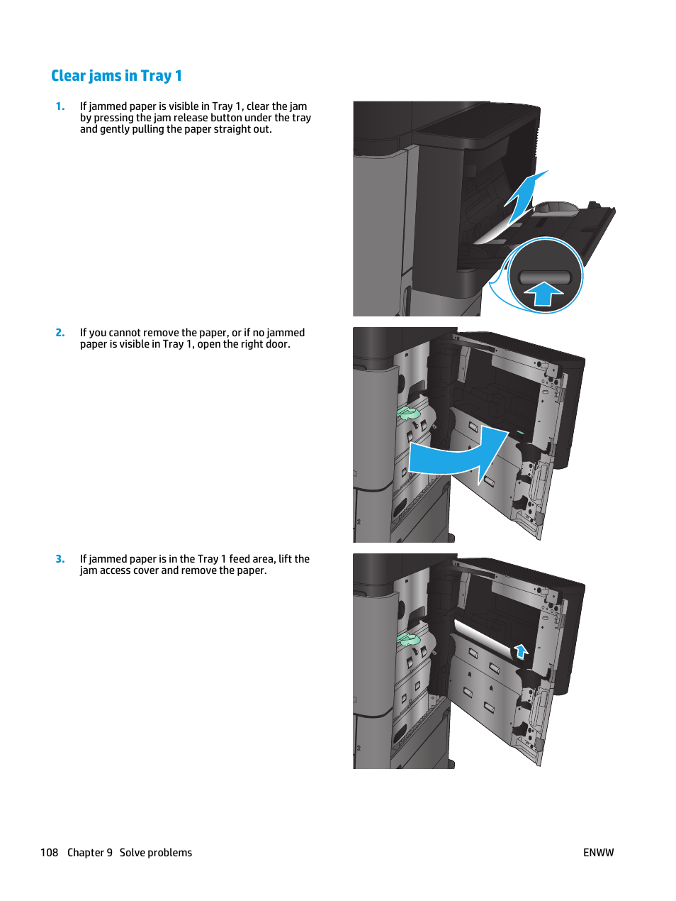 Clear jams in tray 1 | HP LaserJet Enterprise flow M830 Multifunction Printer series User Manual | Page 118 / 200