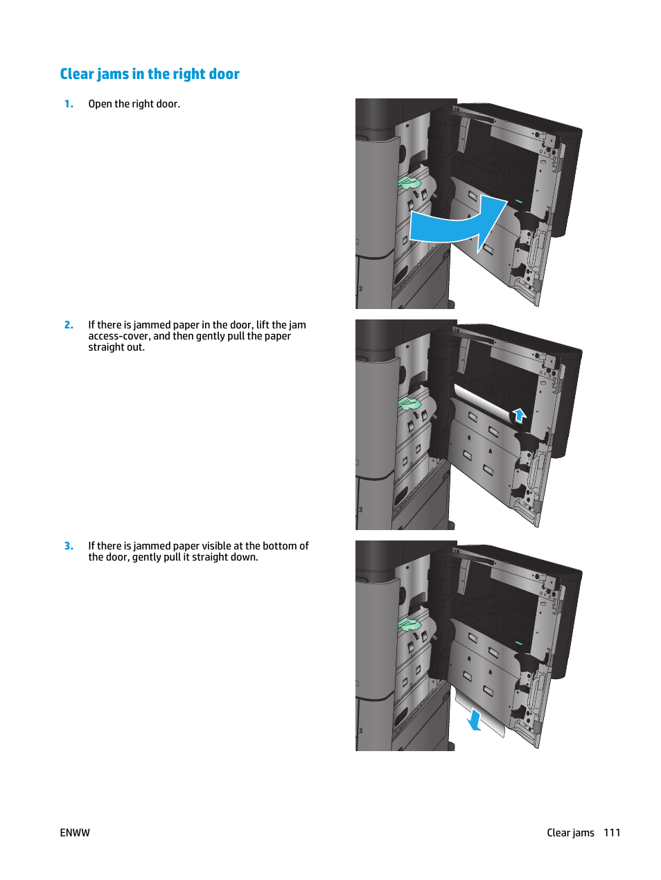 Clear jams in the right door | HP LaserJet Enterprise flow M830 Multifunction Printer series User Manual | Page 121 / 200