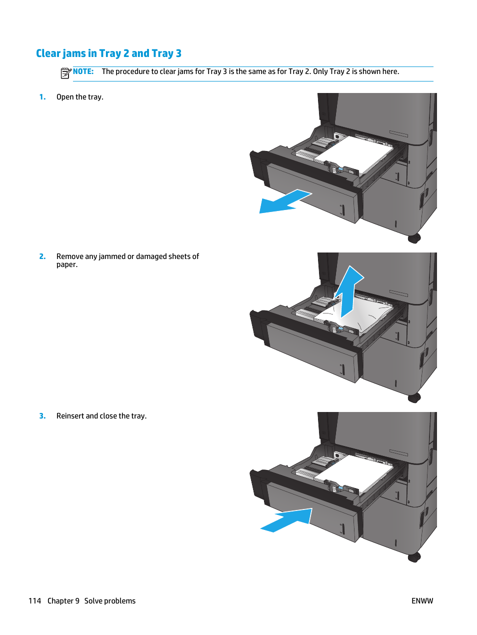 Clear jams in tray 2 and tray 3 | HP LaserJet Enterprise flow M830 Multifunction Printer series User Manual | Page 124 / 200