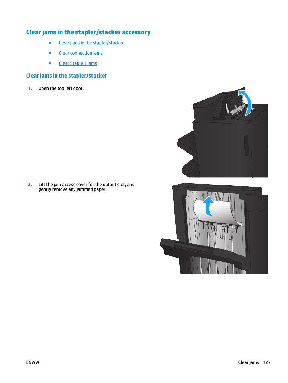 Clear jams in the stapler/stacker accessory, Clear jams in the stapler/stacker | HP LaserJet Enterprise flow M830 Multifunction Printer series User Manual | Page 137 / 200