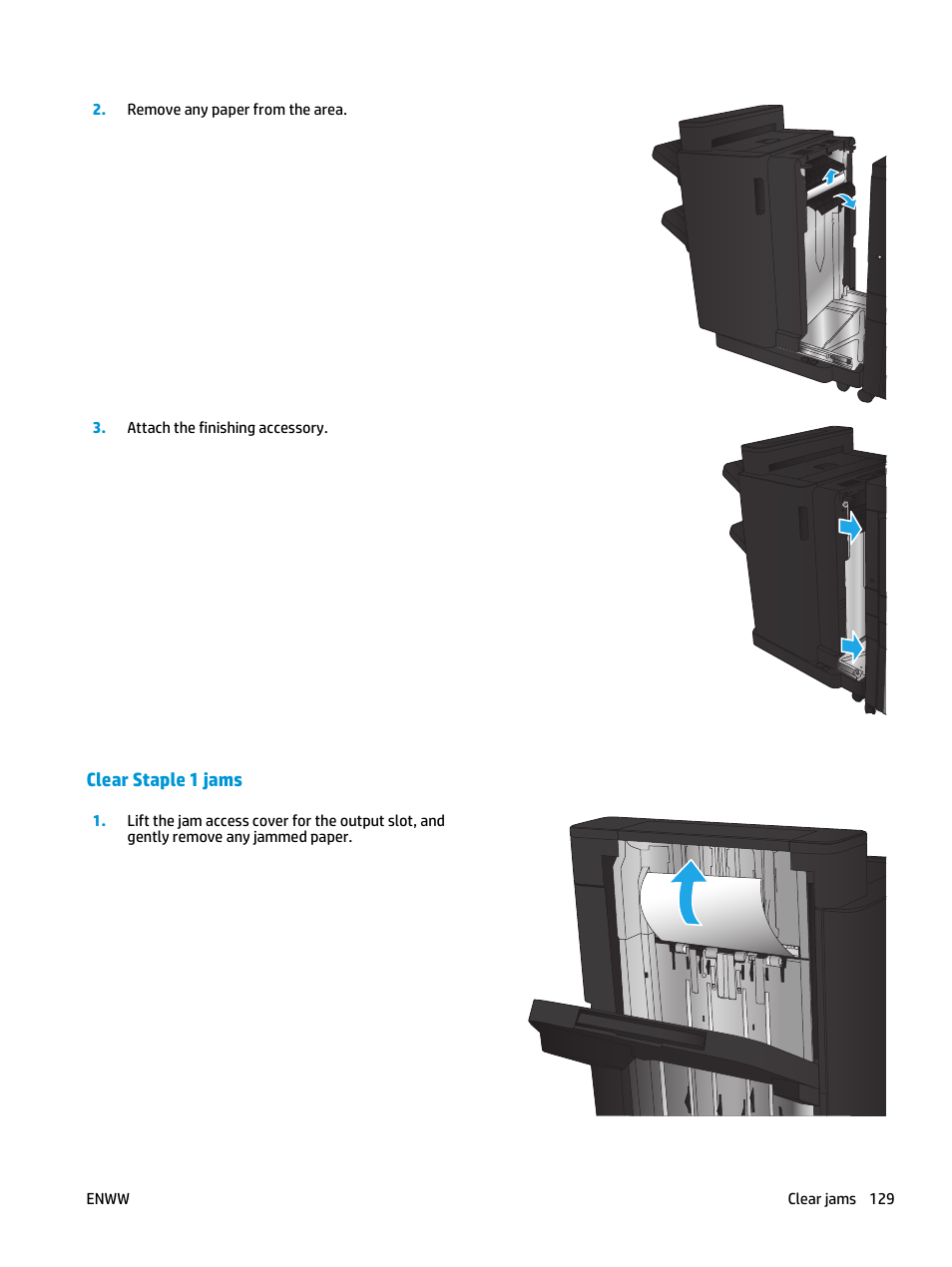 Clear staple 1 jams | HP LaserJet Enterprise flow M830 Multifunction Printer series User Manual | Page 139 / 200