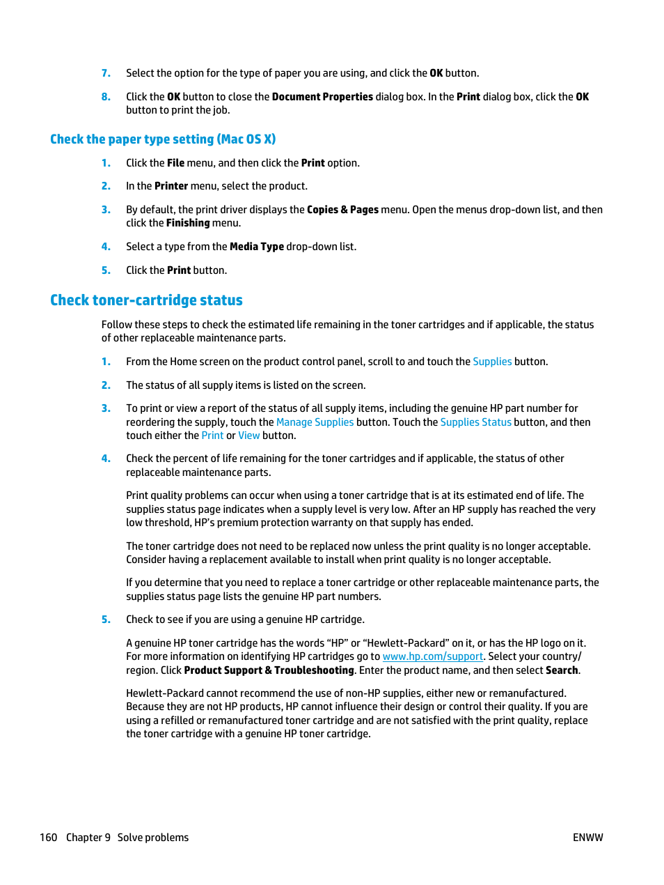 Check the paper type setting (mac os x), Check toner-cartridge status | HP LaserJet Enterprise flow M830 Multifunction Printer series User Manual | Page 170 / 200