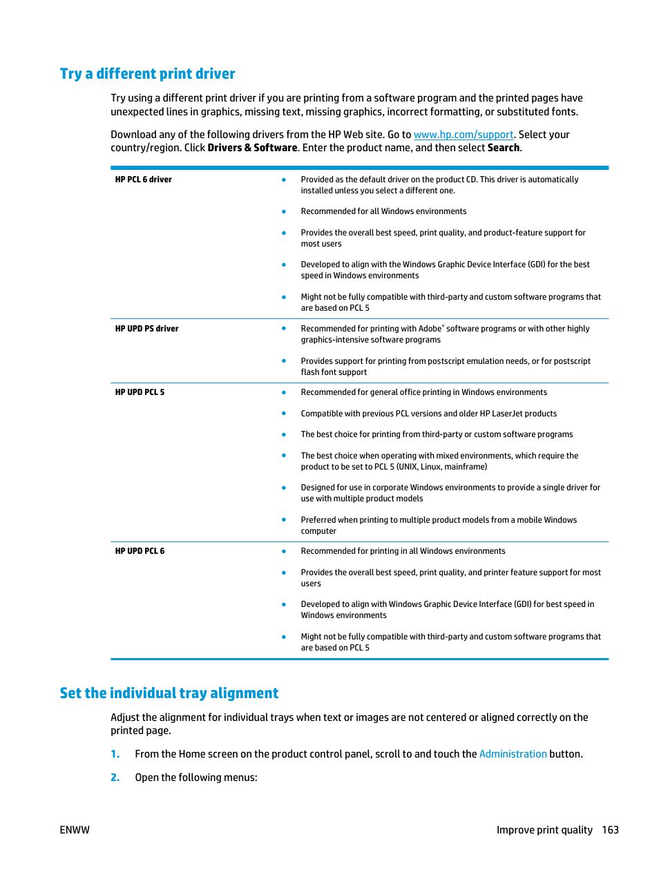 Try a different print driver, Set the individual tray alignment | HP LaserJet Enterprise flow M830 Multifunction Printer series User Manual | Page 173 / 200