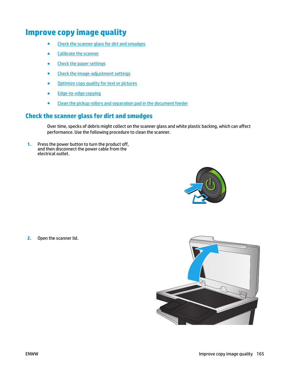 Improve copy image quality, Check the scanner glass for dirt and smudges | HP LaserJet Enterprise flow M830 Multifunction Printer series User Manual | Page 175 / 200