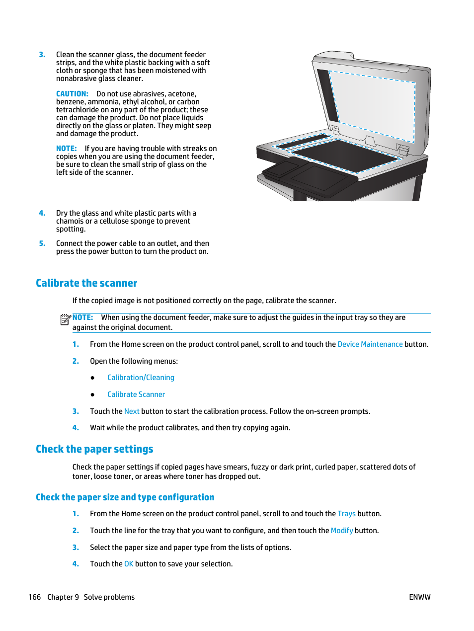 Calibrate the scanner, Check the paper settings, Check the paper size and type configuration | Calibrate the scanner check the paper settings | HP LaserJet Enterprise flow M830 Multifunction Printer series User Manual | Page 176 / 200
