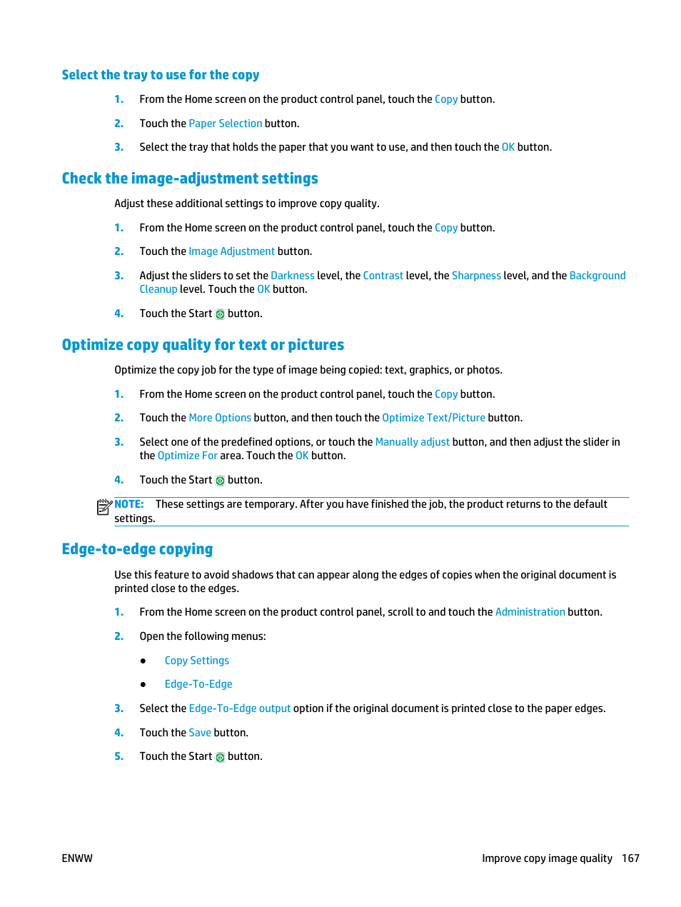 Select the tray to use for the copy, Check the image-adjustment settings, Optimize copy quality for text or pictures | Edge-to-edge copying | HP LaserJet Enterprise flow M830 Multifunction Printer series User Manual | Page 177 / 200