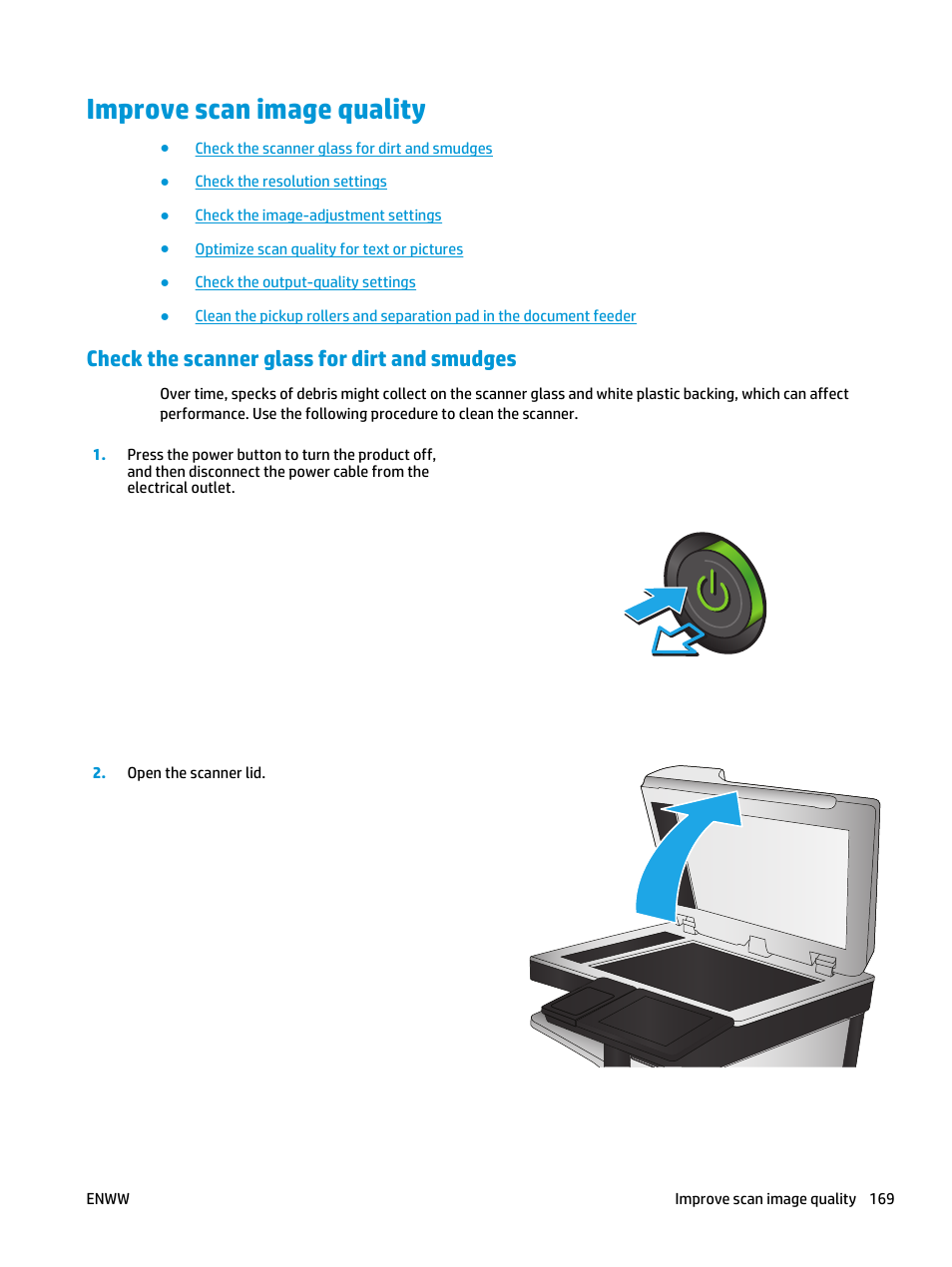 Improve scan image quality, Check the scanner glass for dirt and smudges | HP LaserJet Enterprise flow M830 Multifunction Printer series User Manual | Page 179 / 200