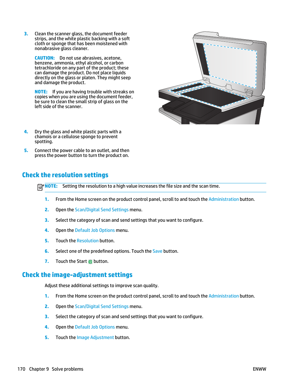 Check the resolution settings, Check the image-adjustment settings | HP LaserJet Enterprise flow M830 Multifunction Printer series User Manual | Page 180 / 200