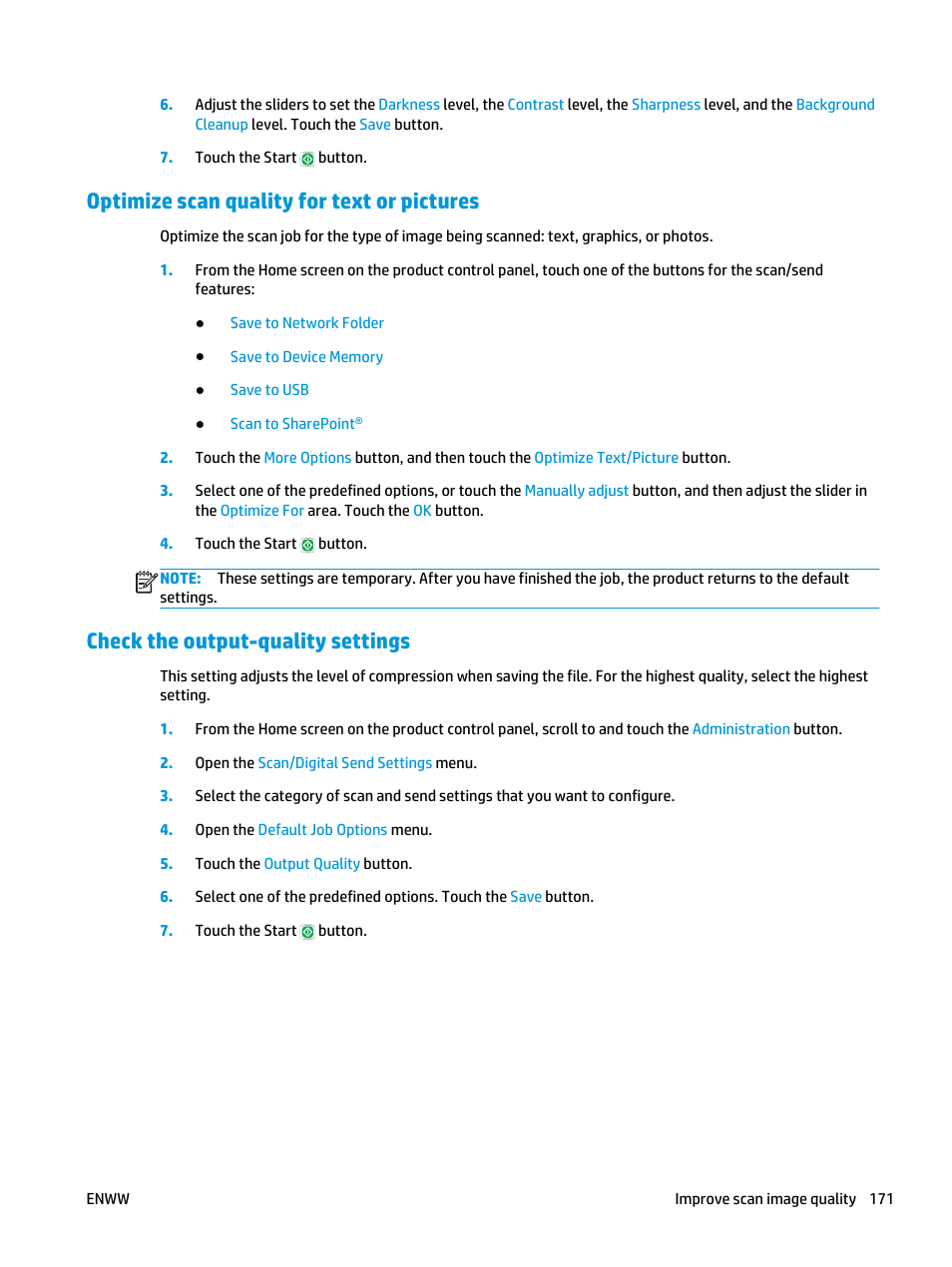 Optimize scan quality for text or pictures, Check the output-quality settings | HP LaserJet Enterprise flow M830 Multifunction Printer series User Manual | Page 181 / 200