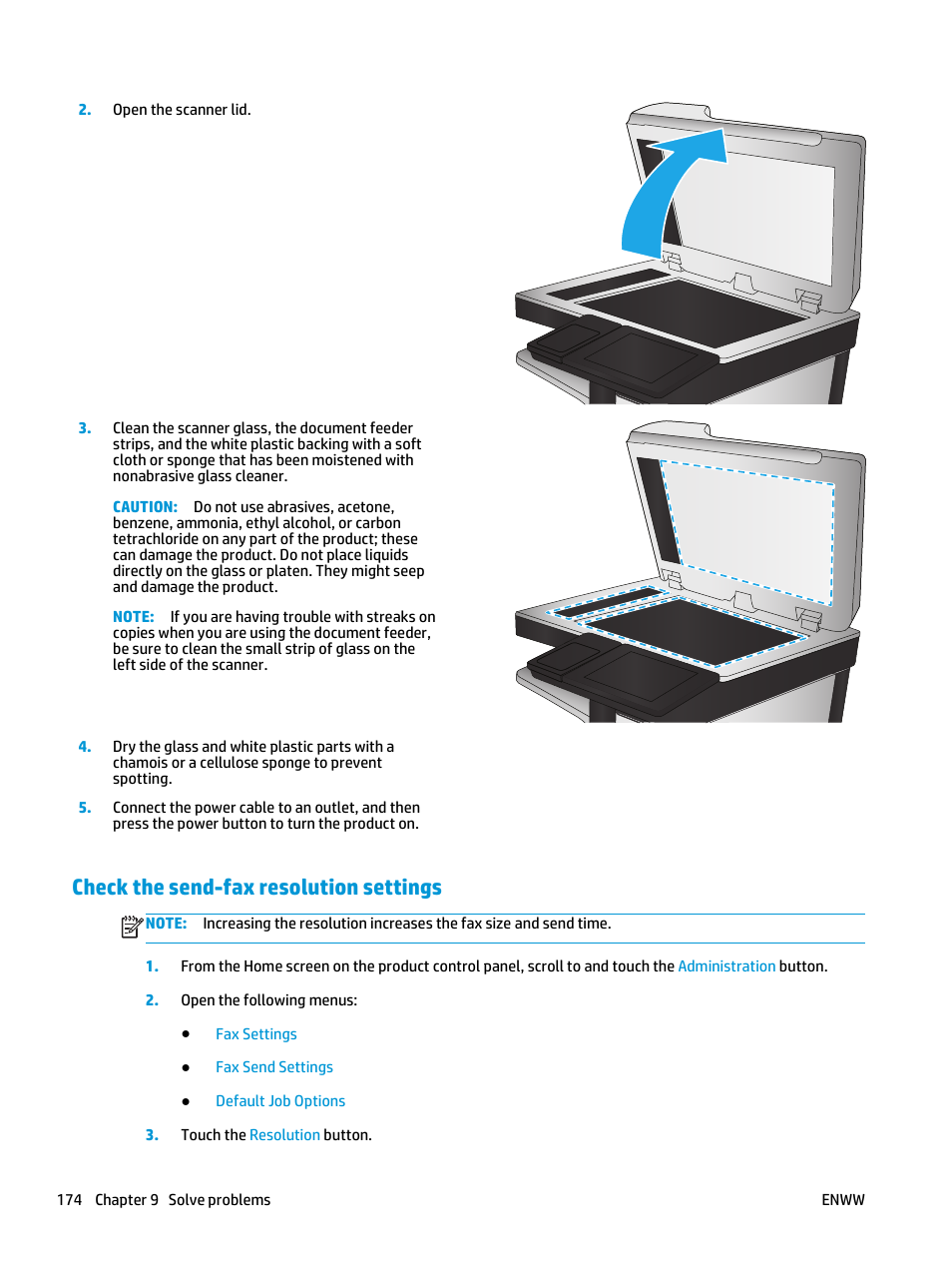 Check the send-fax resolution settings | HP LaserJet Enterprise flow M830 Multifunction Printer series User Manual | Page 184 / 200