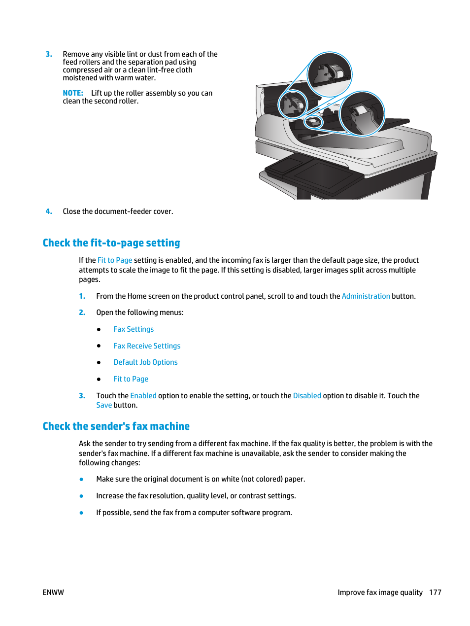 Check the sender's fax machine, Check the fit-to-page setting | HP LaserJet Enterprise flow M830 Multifunction Printer series User Manual | Page 187 / 200
