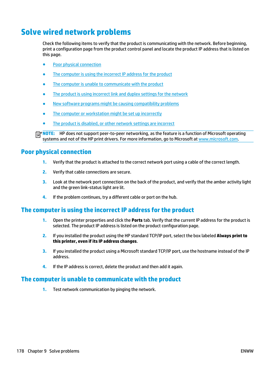 Solve wired network problems, Poor physical connection | HP LaserJet Enterprise flow M830 Multifunction Printer series User Manual | Page 188 / 200