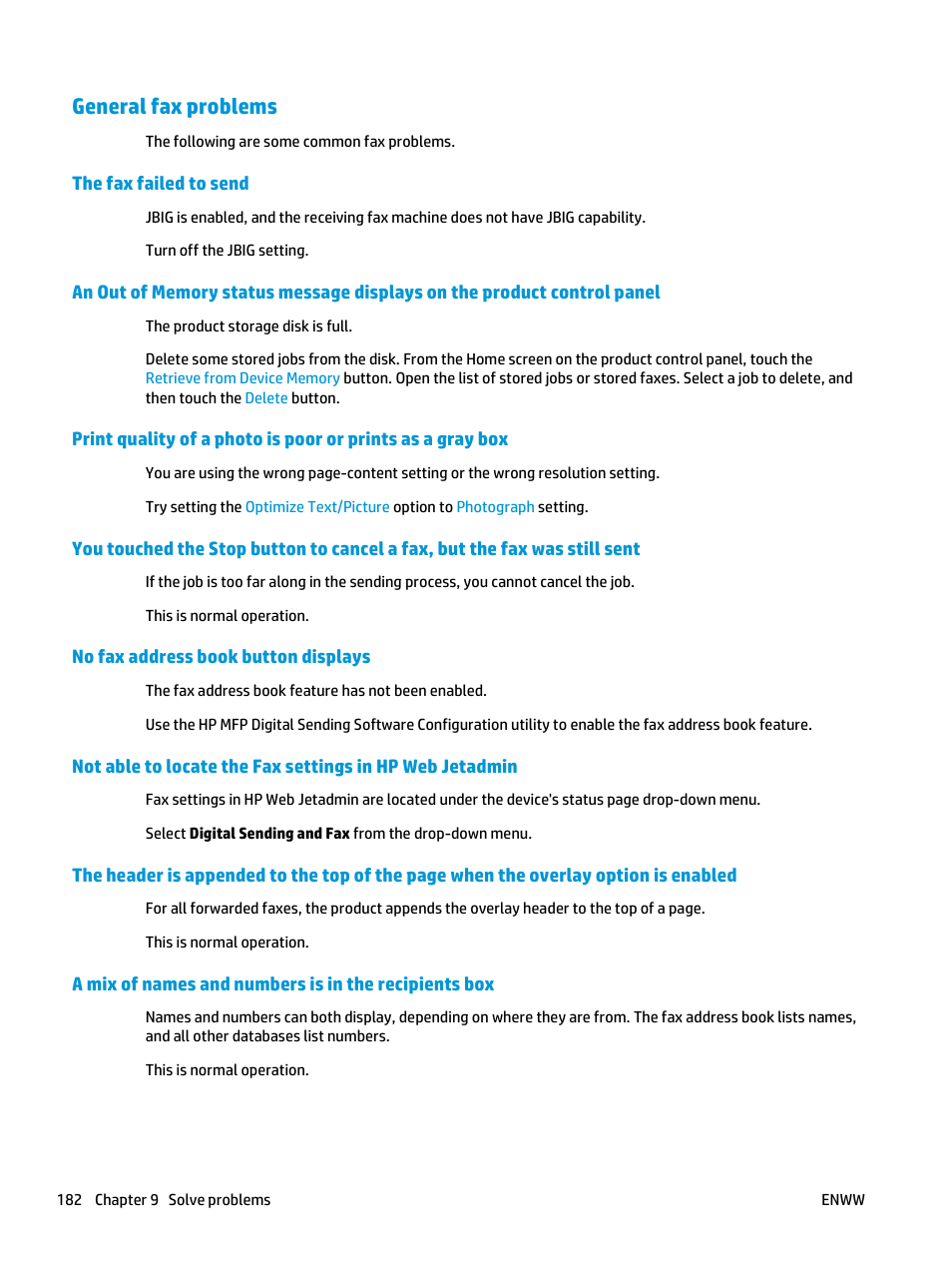 General fax problems, The fax failed to send, No fax address book button displays | HP LaserJet Enterprise flow M830 Multifunction Printer series User Manual | Page 192 / 200