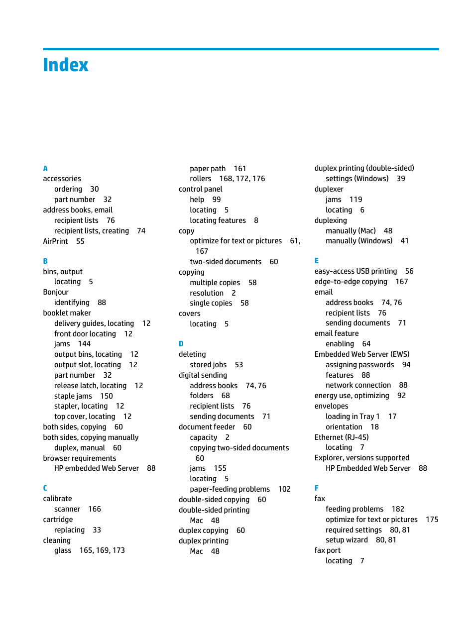 Index | HP LaserJet Enterprise flow M830 Multifunction Printer series User Manual | Page 195 / 200