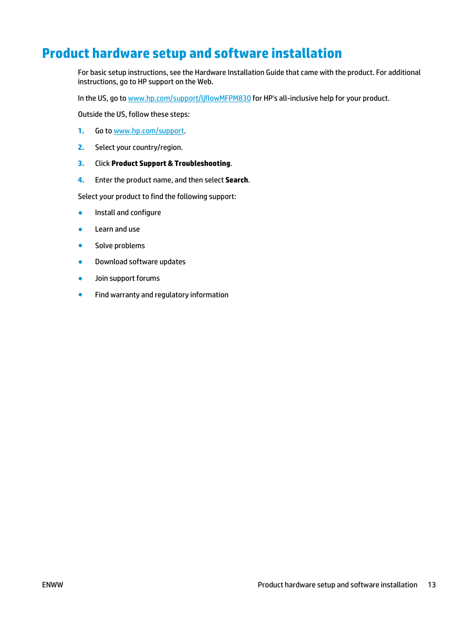 Product hardware setup and software installation | HP LaserJet Enterprise flow M830 Multifunction Printer series User Manual | Page 23 / 200